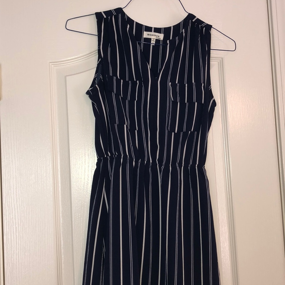 Navy dress with white stripes